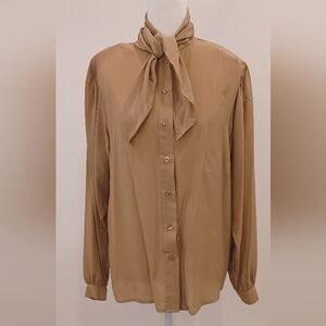 Vintage Silk Button Down With Beautiful Tie At Neck